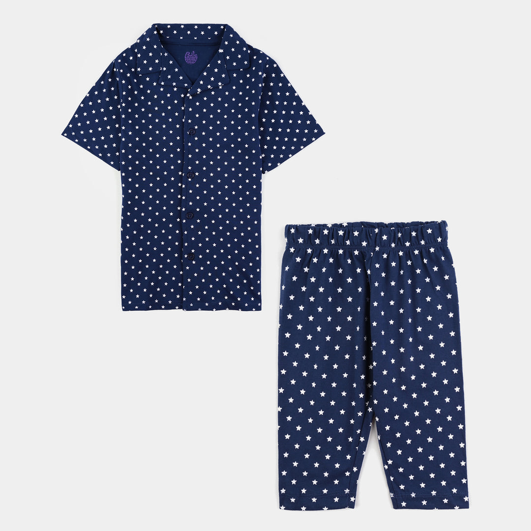 Infant Boys Poly Cotton Jersey Night Suit Allover Star-Navy Blue