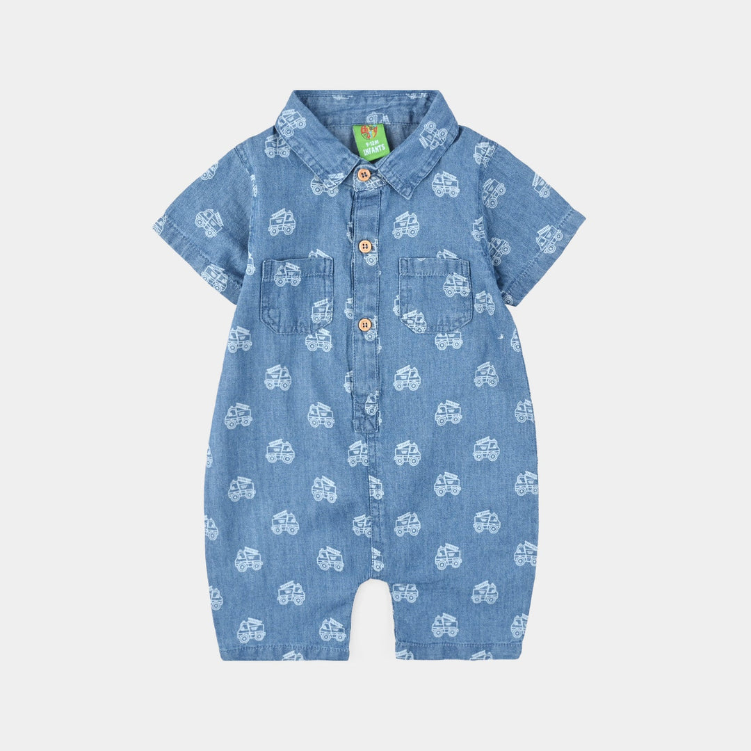 Infant Boys Tencel Denim (Light Denim) Romper Two Wheel-Blue