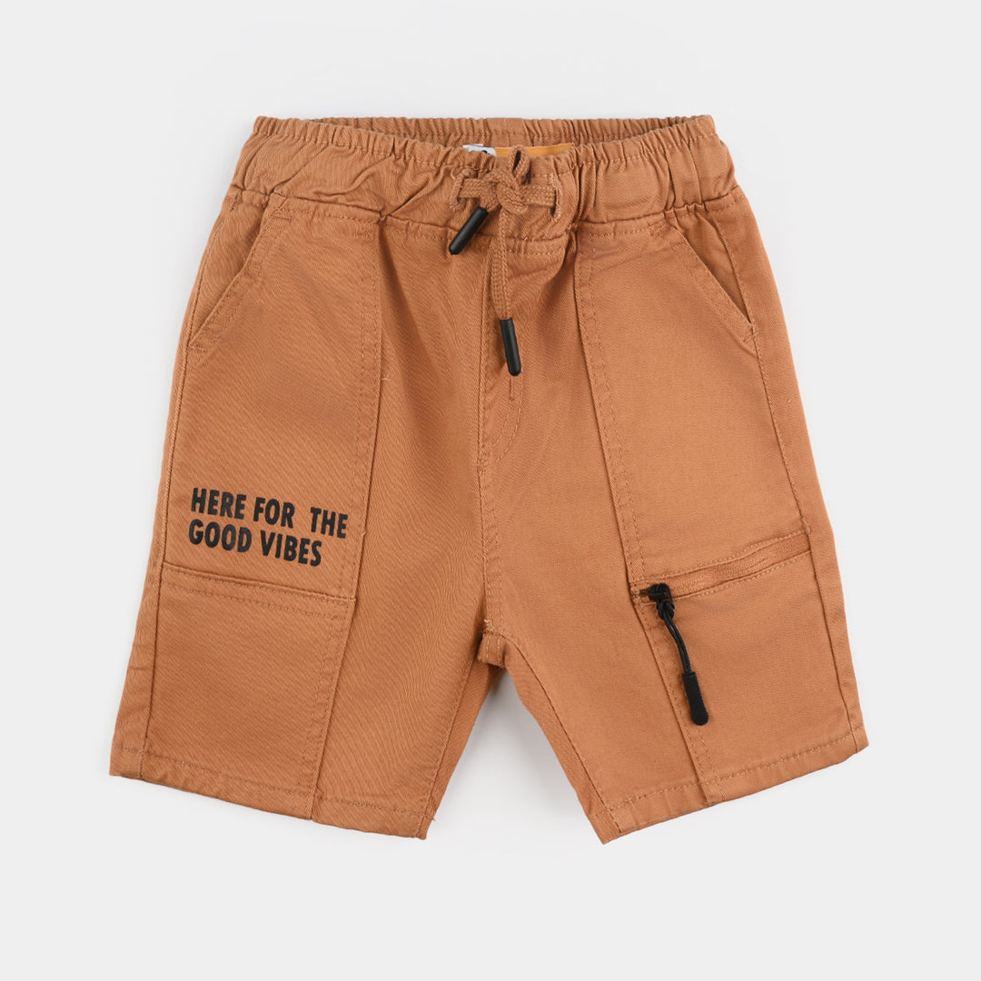 Boys Cotton Twill Short Good Vibes-BROWN