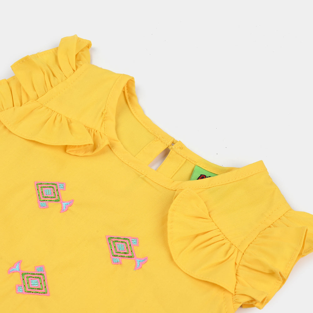 Infant Girls Cotton Poplin Embroidered Kurti - Yellow