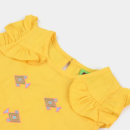Infant Girls Cotton Poplin Embroidered Kurti - Yellow