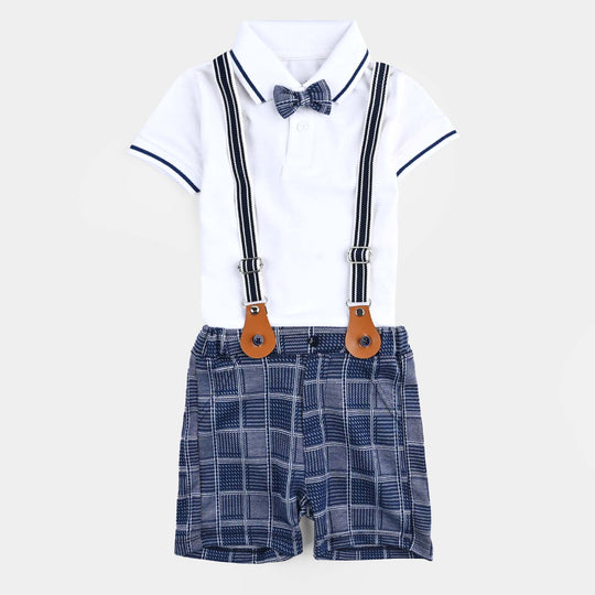 Infant Boys Cotton Interlock Suit (Suspender with Polo) - White/Blue