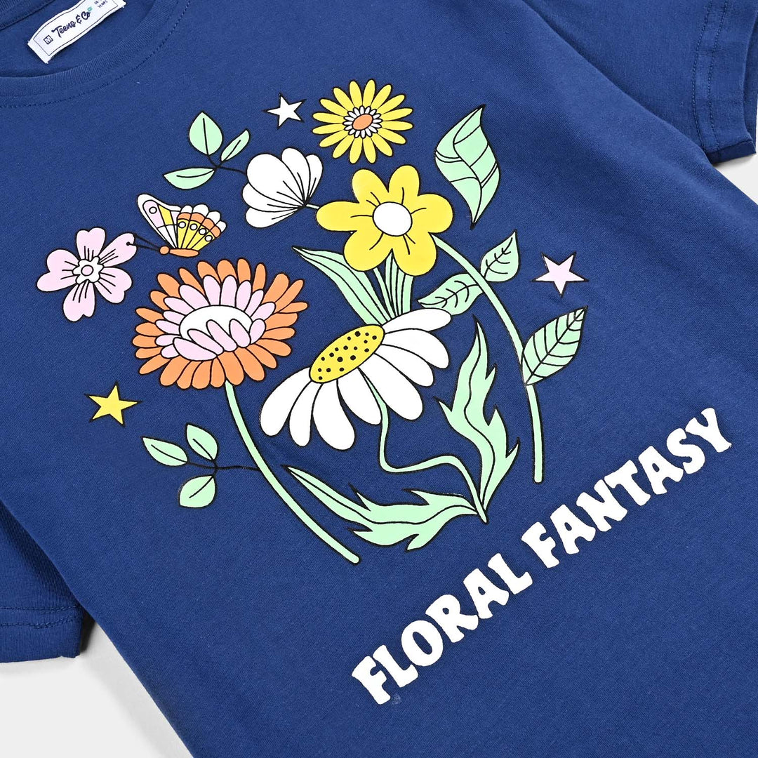 Teens Girls Jersey/Terry T-Shirt-Floral-Navy Blue