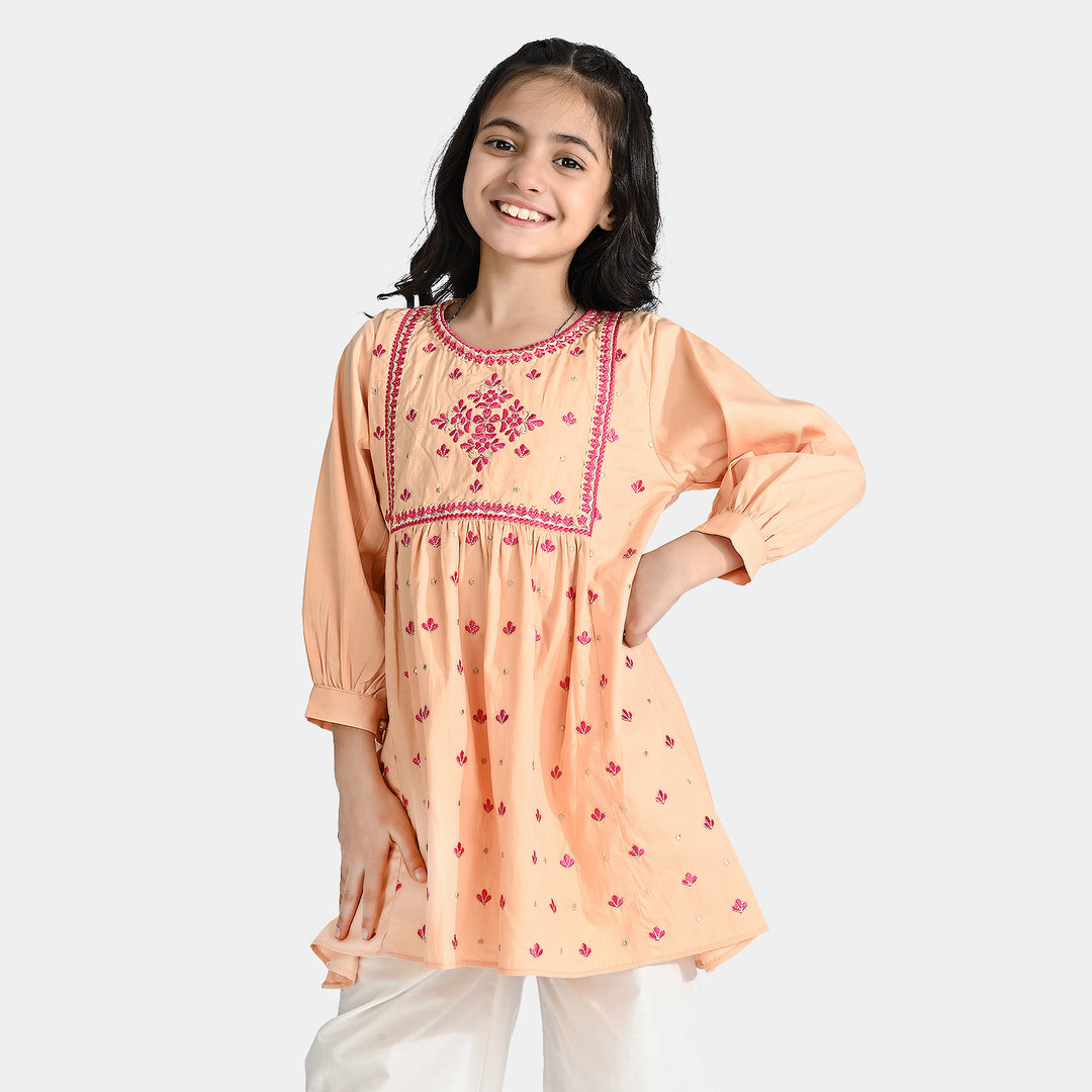Girls Cotton Embroidered Kurti (Phulkari) - Peach