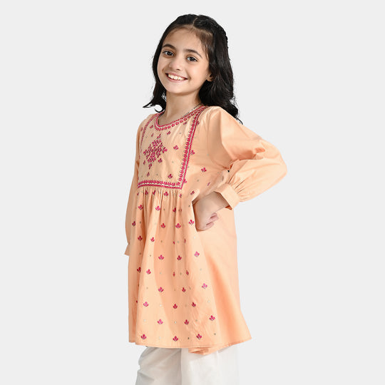 Girls Cotton Embroidered Kurti (Phulkari) - Peach