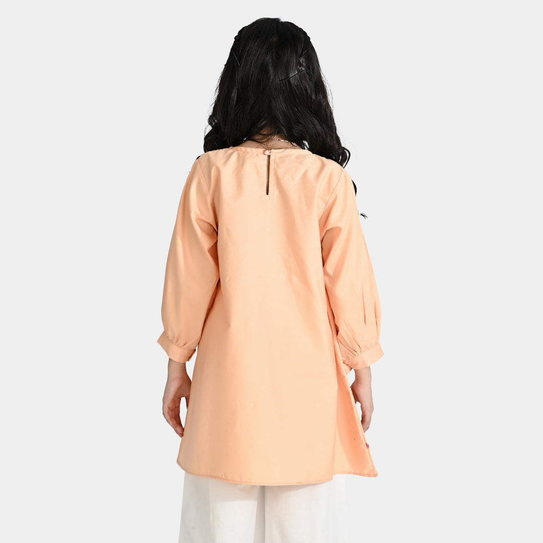 Girls Cotton Embroidered Kurti (Phulkari) - Peach