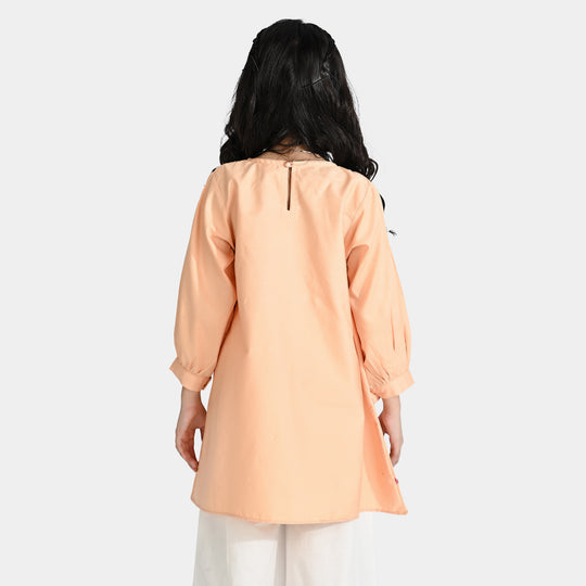 Girls Cotton Embroidered Kurti (Phulkari) - Peach