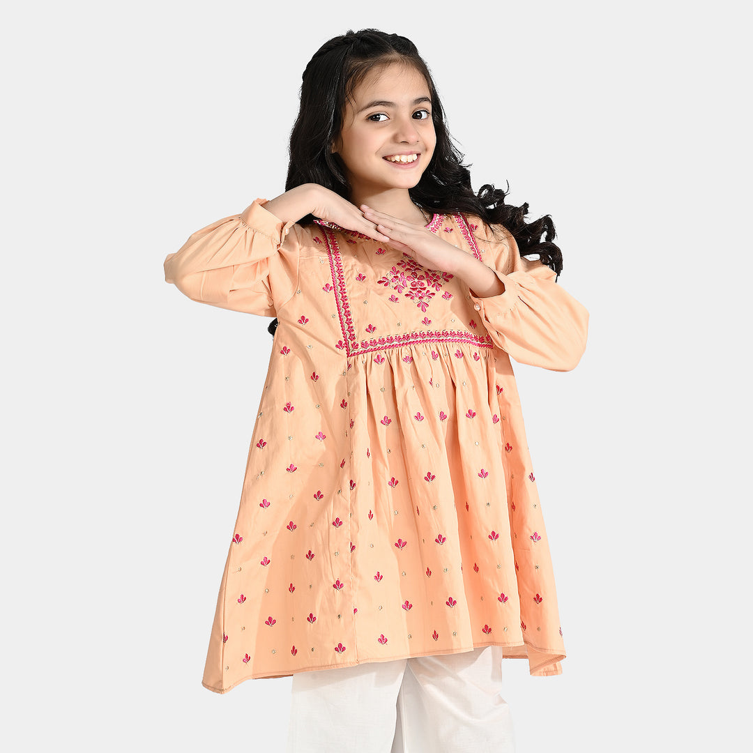 Girls Cotton Embroidered Kurti (Phulkari) - Peach