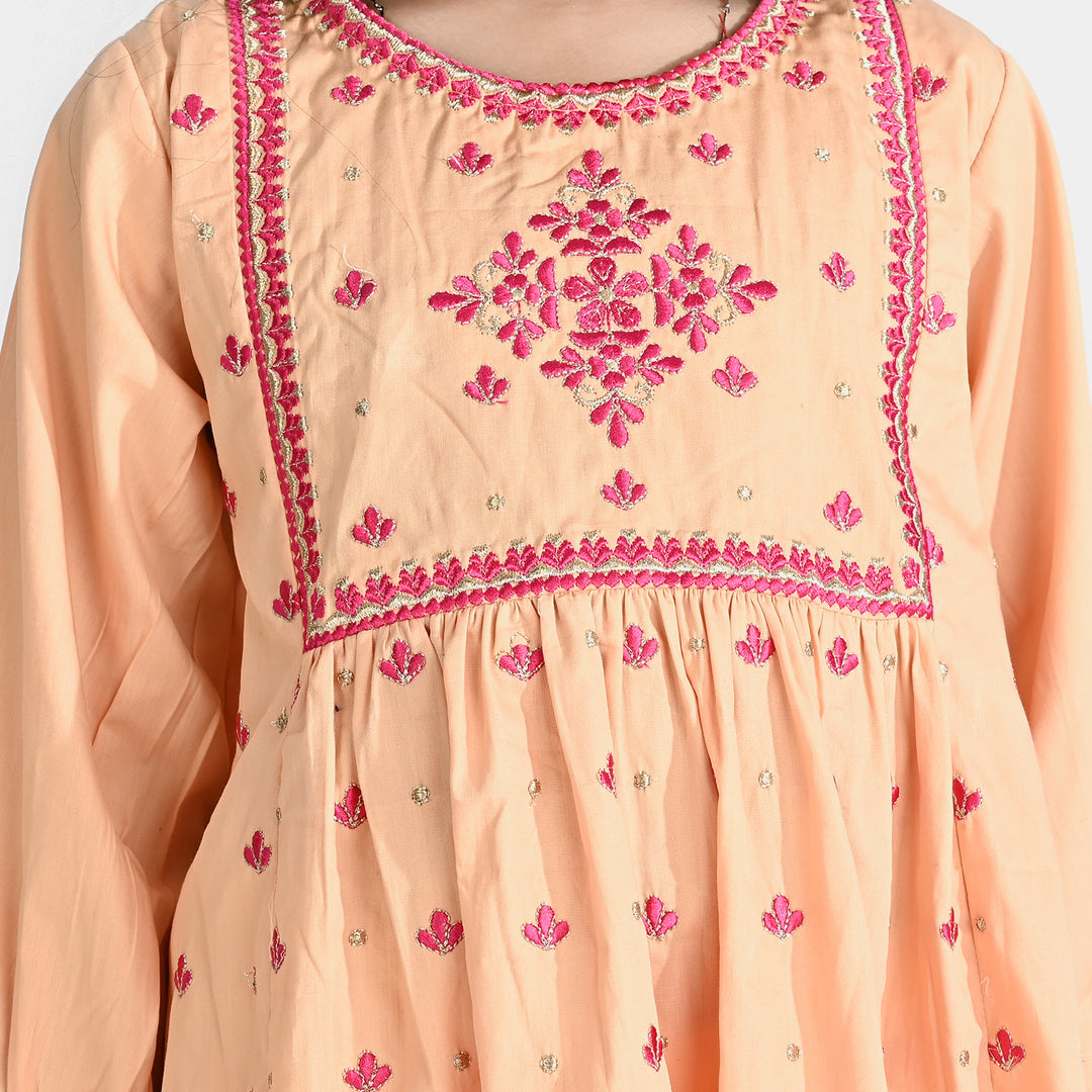 Girls Cotton Embroidered Kurti (Phulkari) - Peach