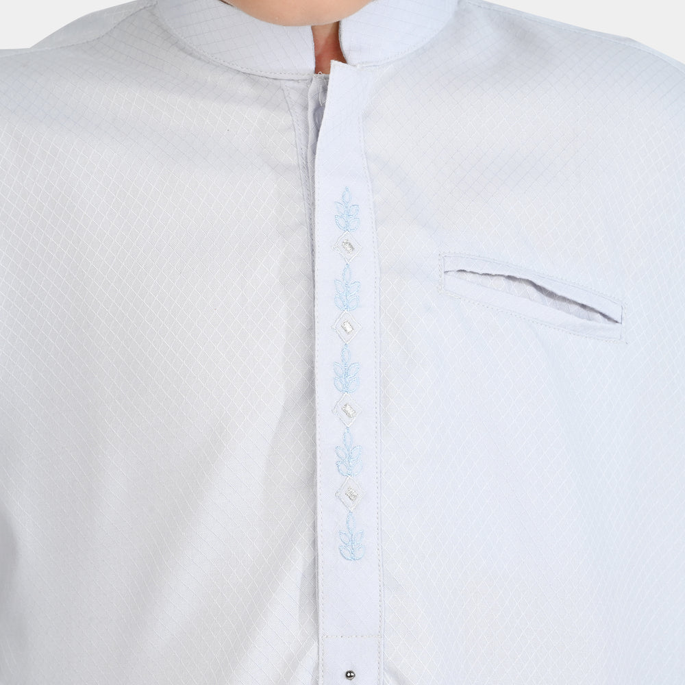 Boys Poly Viscose Embroidered Kurta Pajama Suit - White