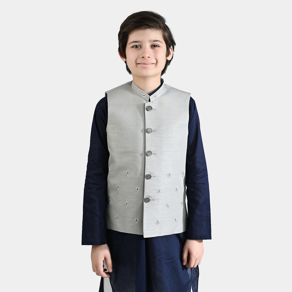 Boys Poly Viscose Waistcoat (Chin Motif)-Light grey