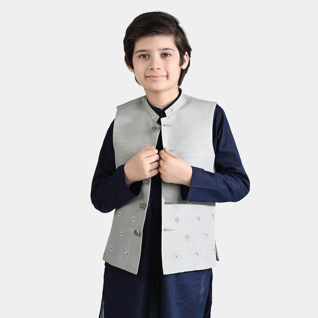 Boys Poly Viscose Waistcoat (Chin Motif)-Light grey