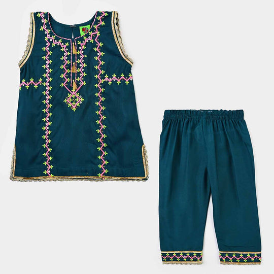 Infant Girls Poly Cambric Fancy 2-Piece Set (Dil Naaz) - Teal Blue