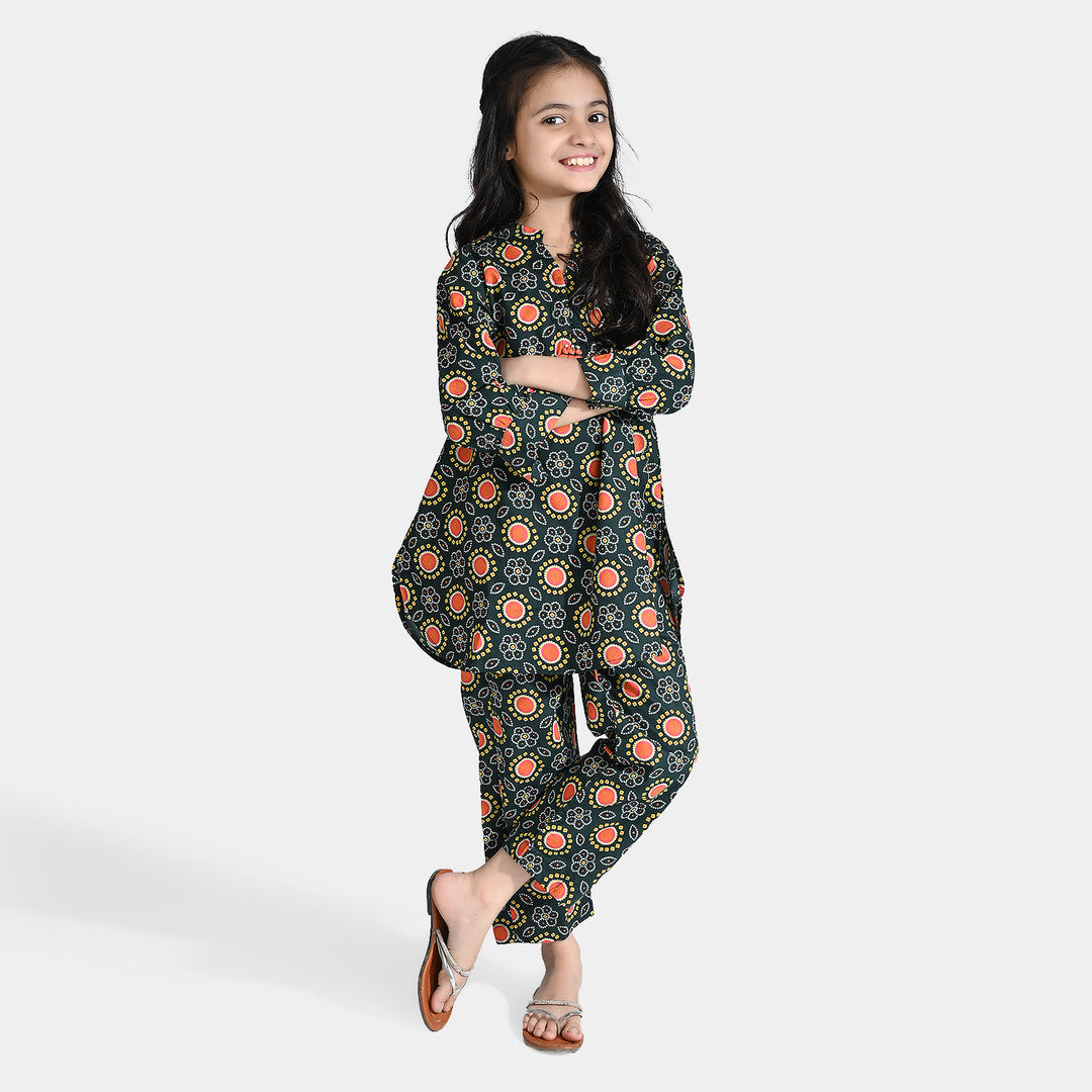Girls Cotton Printed 2Pcs-Green
