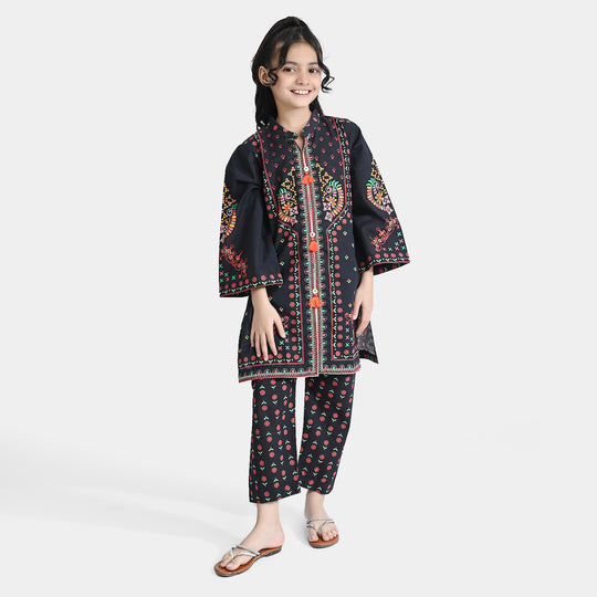 Girls Cotton Printed 2-Piece Set (Rangoli) - Black