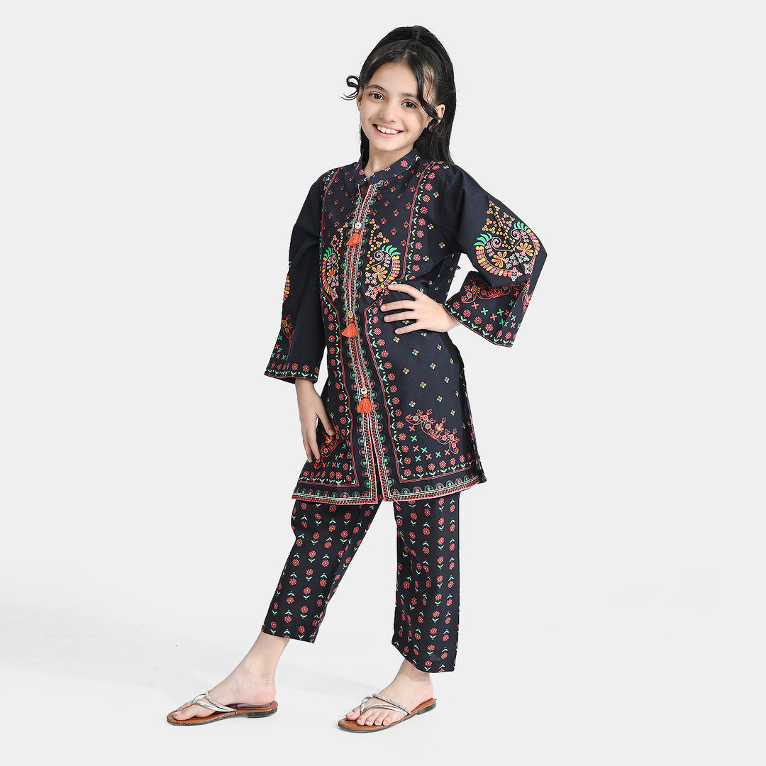 Girls Cotton Printed 2-Piece Set (Rangoli) - Black