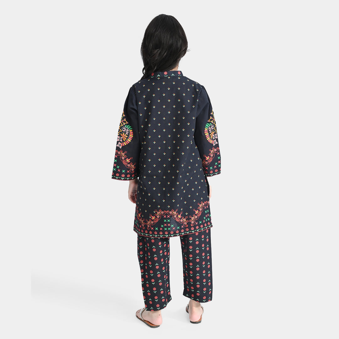 Girls Cotton Printed 2-Piece Set (Rangoli) - Black