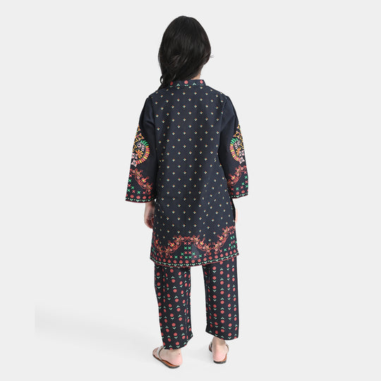 Girls Cotton Printed 2-Piece Set (Rangoli) - Black