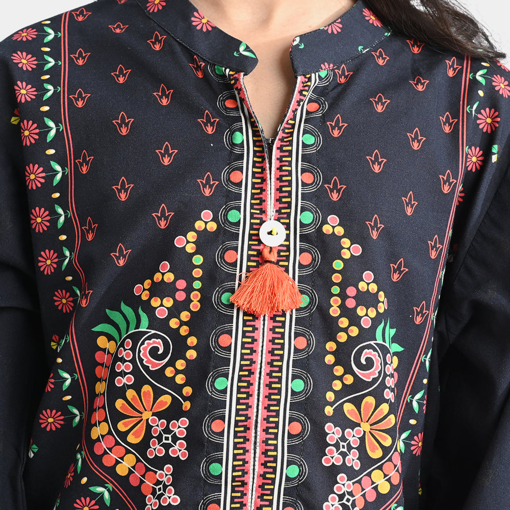 Girls Cotton Printed 2-Piece Set (Rangoli) - Black