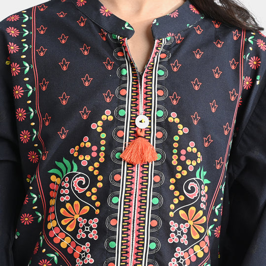 Girls Cotton Printed 2-Piece Set (Rangoli) - Black