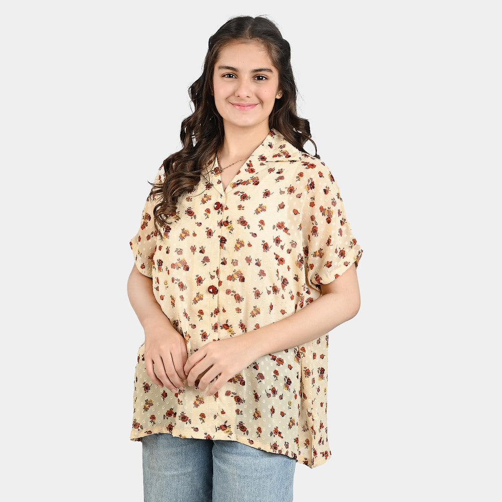Girls  Printed Brochia Casual Tops-BEIGE