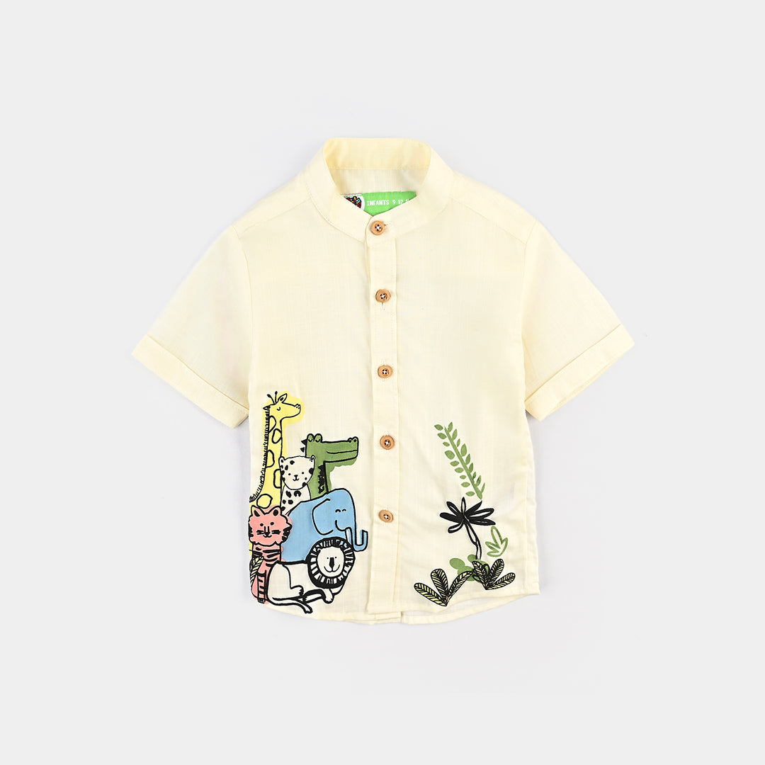 Infant Boys Cotton Slub Basic Casual Shirt (Jungle Friends) - Off-White