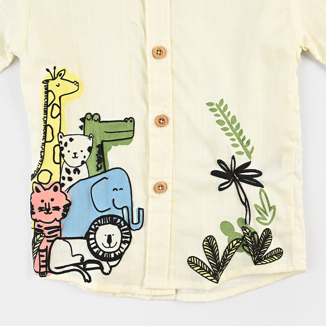Infant Boys Cotton Slub Basic Casual Shirt (Jungle Friends) - Off-White