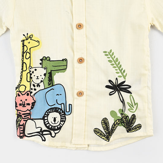 Infant Boys Cotton Slub Basic Casual Shirt (Jungle Friends) - Off-White