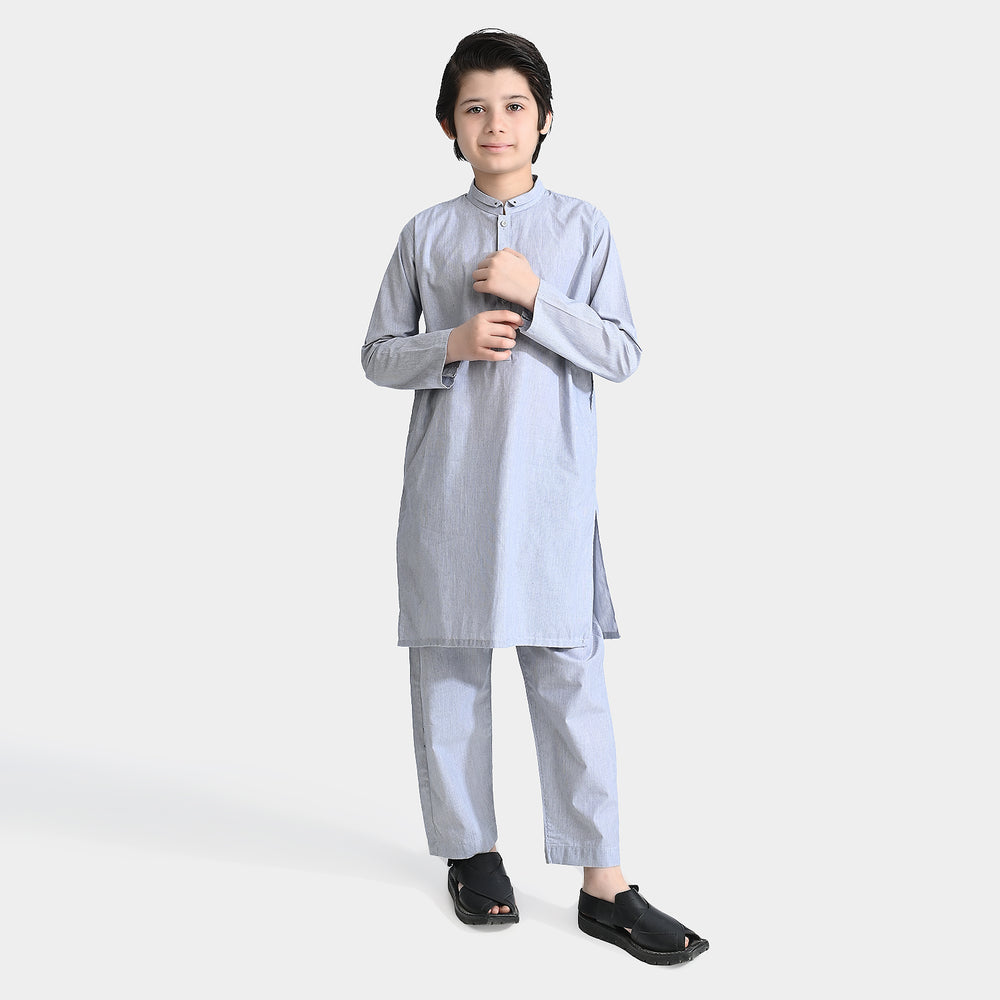 Boys Yarn Dyed Kurta Pajama (Ban Collar)-Grey Stripe
