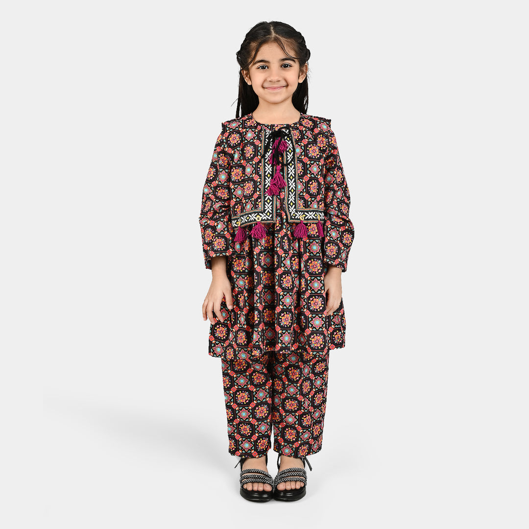 Girls Cotton Printed 3Pcs Dhanak-Multi
