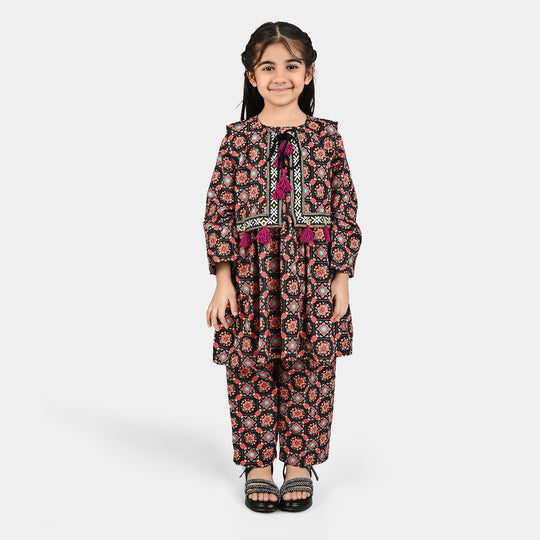 Girls Cotton Printed 3Pcs Dhanak-Multi