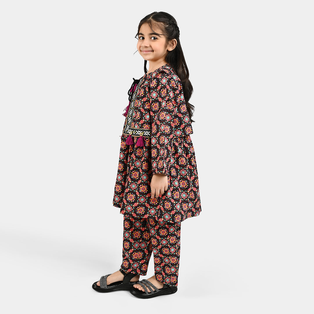 Girls Cotton Printed 3Pcs Dhanak-Multi