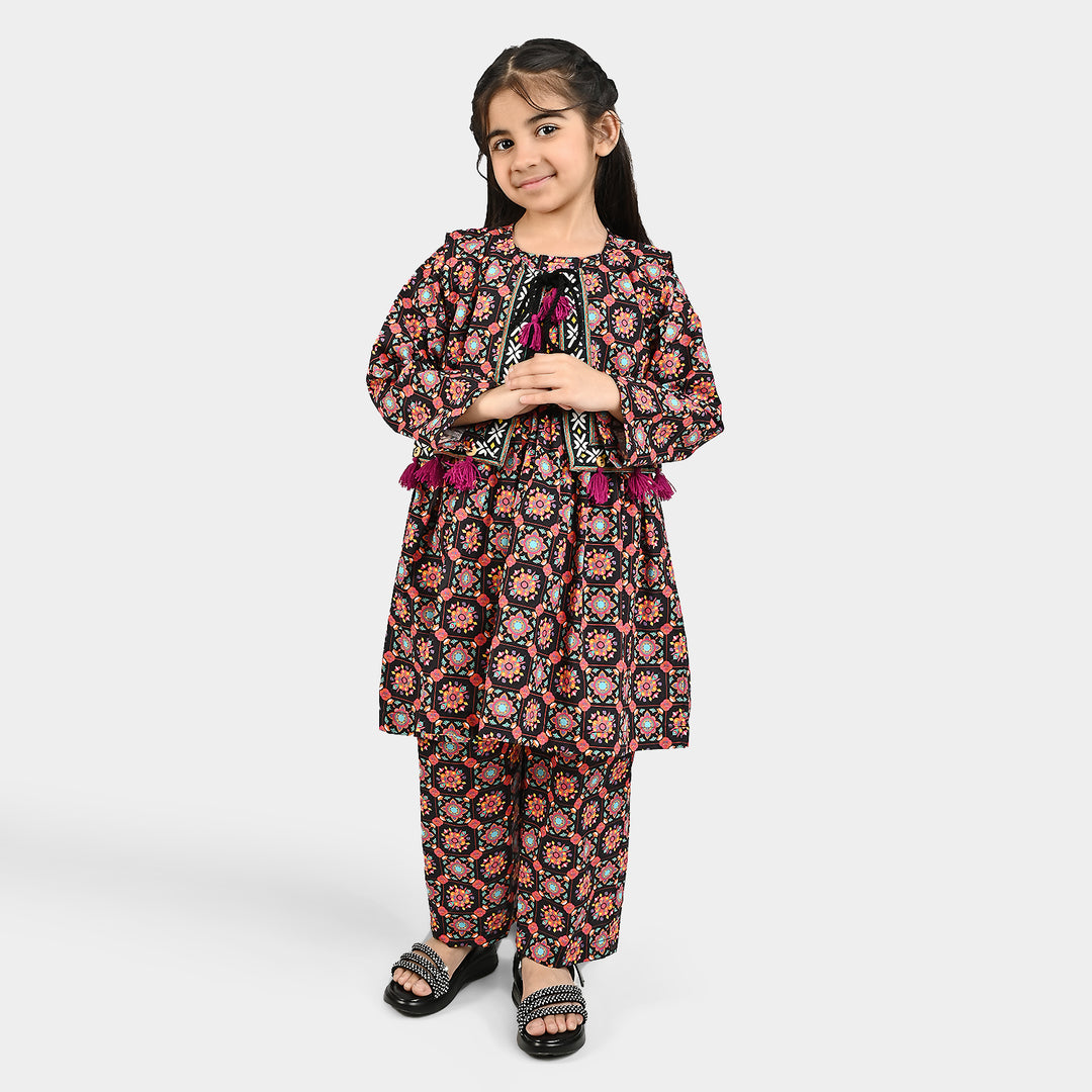Girls Cotton Printed 3Pcs Dhanak-Multi