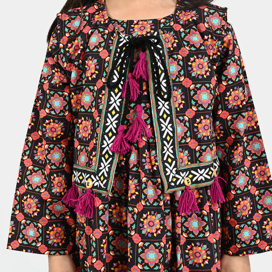 Girls Cotton Printed 3Pcs Dhanak-Multi