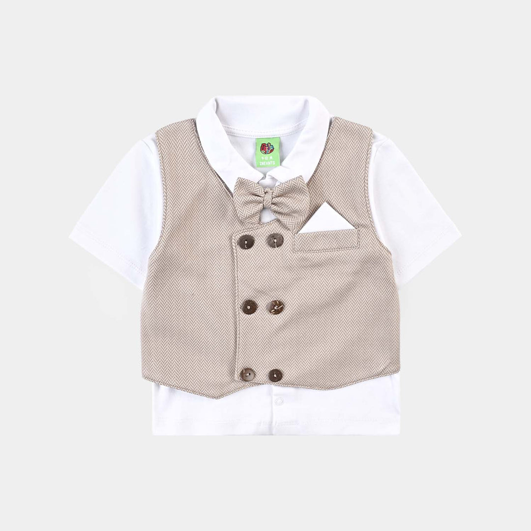 Infant Boys Jacquard Suit (Herringbone Coat) - Brown/White