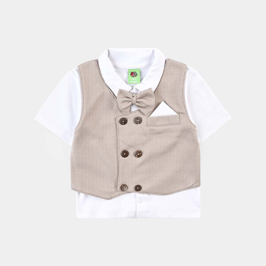 Infant Boys Jacquard Suit (Herringbone Coat) - Brown/White