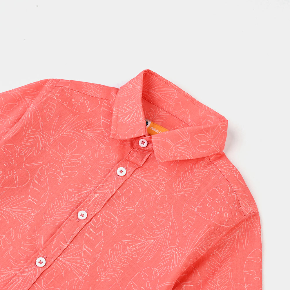 Boys Cotton Casual Shirt (Leaves) - Peach