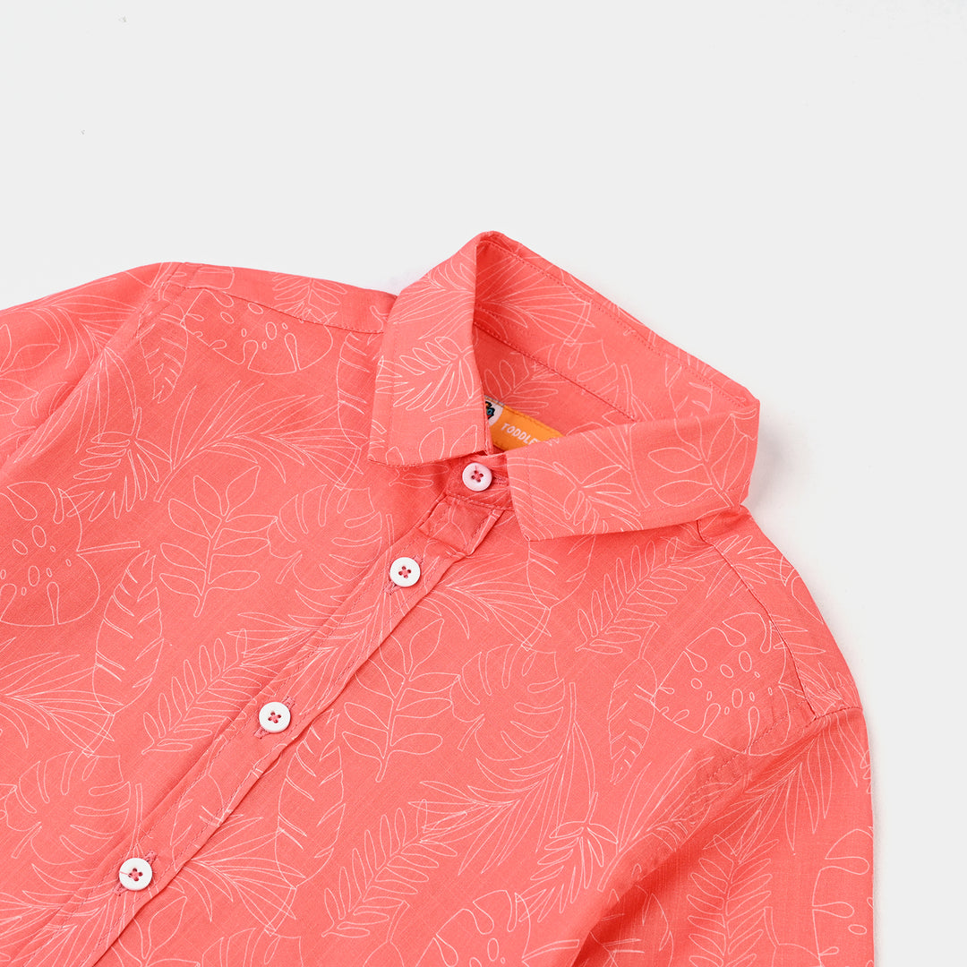 Boys Cotton Casual Shirt (Leaves) - Peach