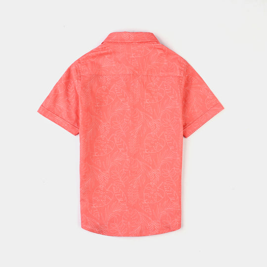 Boys Cotton Casual Shirt (Leaves) - Peach