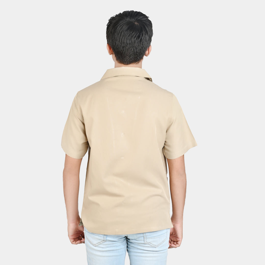 Teens Boy Cotton Resort Collar Shirt-BEIGE