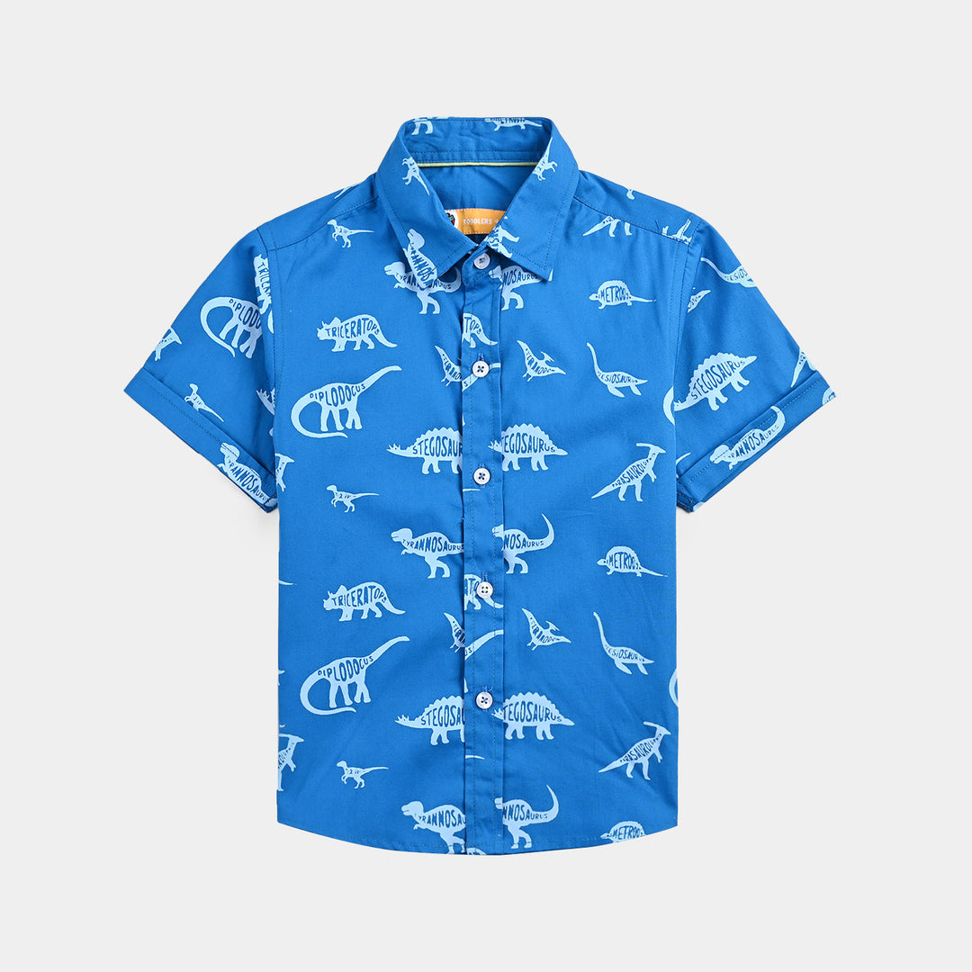 Boys Cotton Poplin Casual Shirt (Dinosaur) - Blue