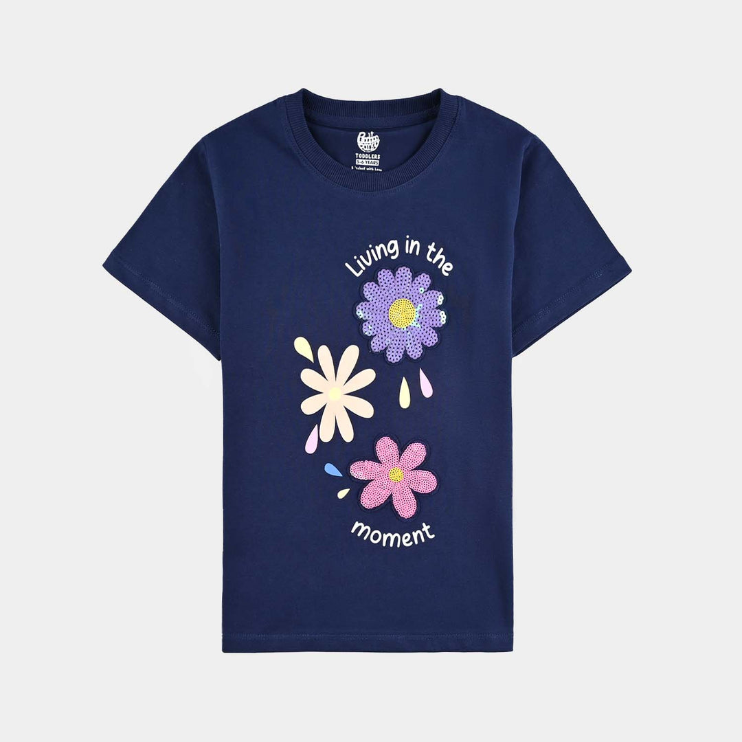 Girls Cotton Jersey T-Shirt (Flowers) - Navy Blue