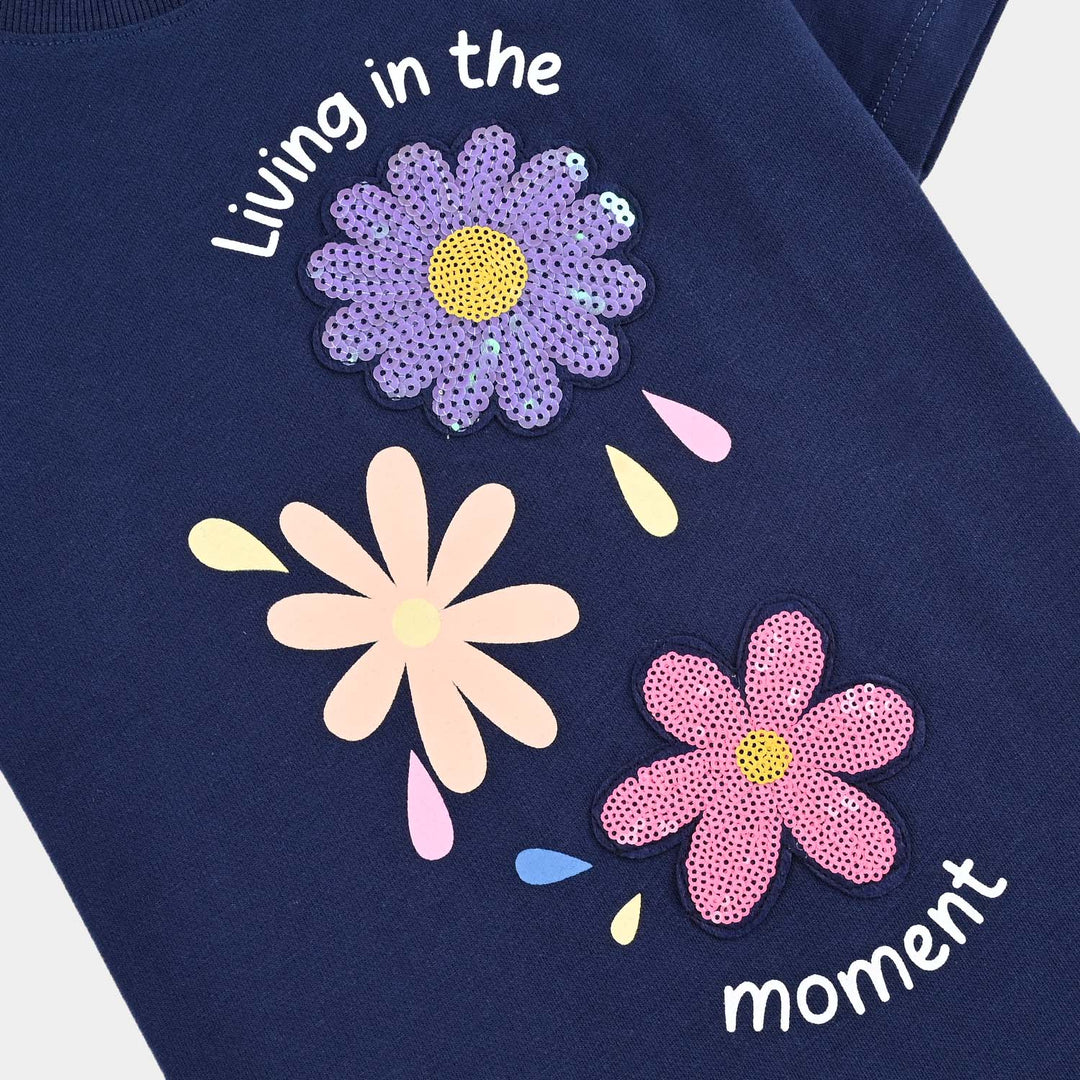Girls Cotton Jersey T-Shirt (Flowers) - Navy Blue