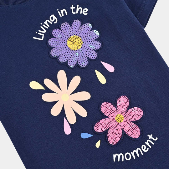 Girls Cotton Jersey T-Shirt (Flowers) - Navy Blue