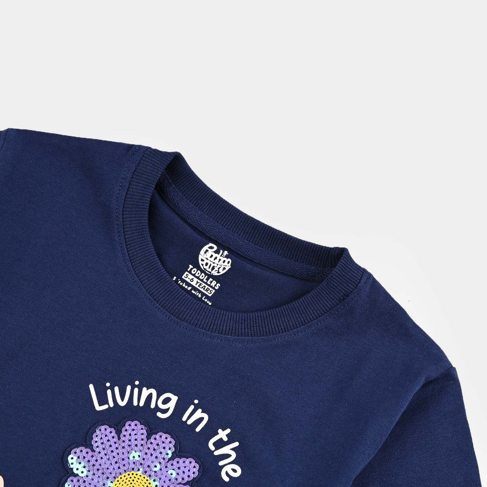 Girls Cotton Jersey T-Shirt (Flowers) - Navy Blue