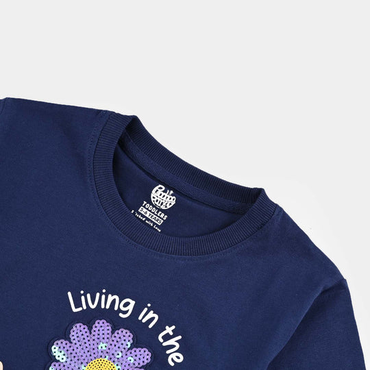 Girls Cotton Jersey T-Shirt (Flowers) - Navy Blue