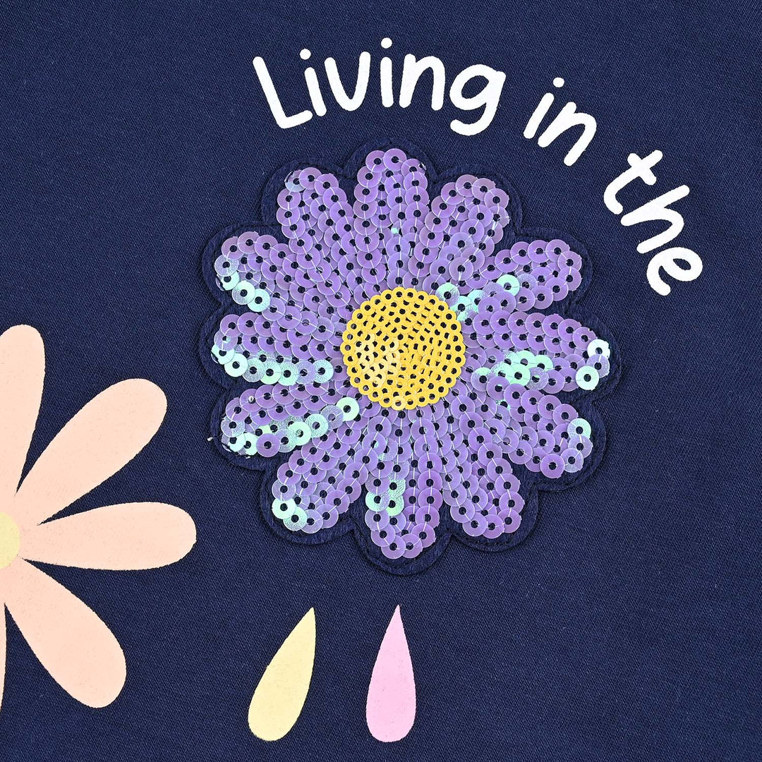 Girls Cotton Jersey T-Shirt (Flowers) - Navy Blue