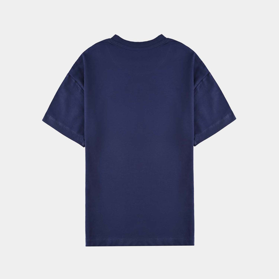 Girls Cotton Jersey T-Shirt (Flowers) - Navy Blue
