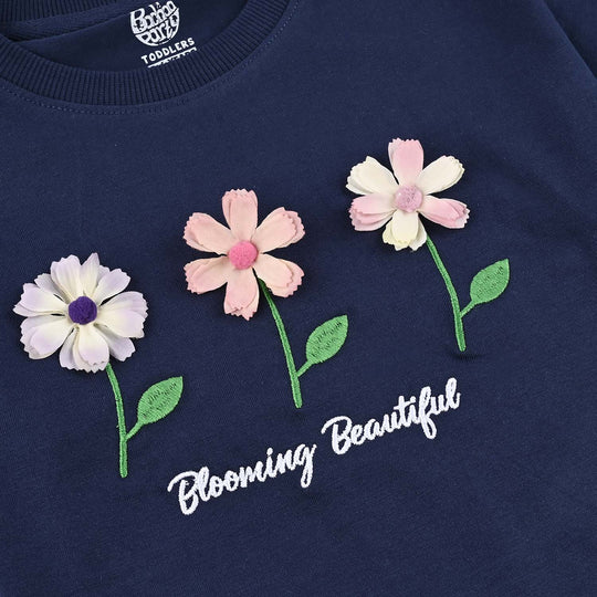 Girls Cotton Jersey T-Shirt (Blooming Beautiful) - Navy Blue