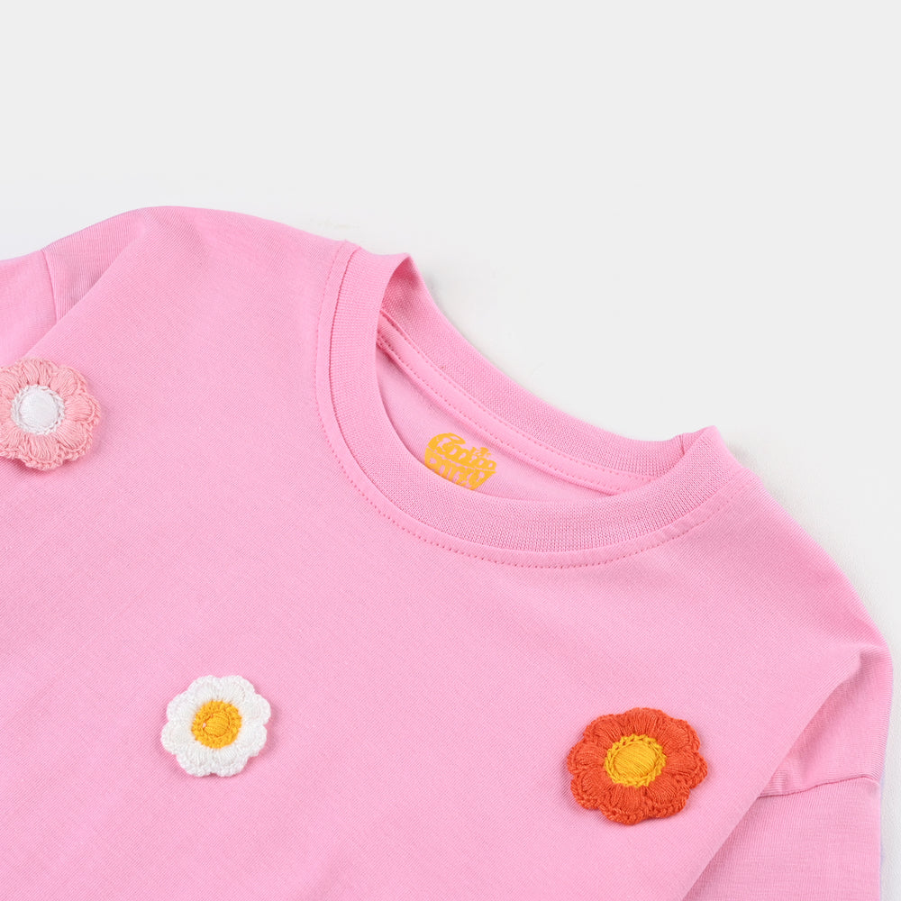 Girls Cotton Jersey T-Shirt CROCHET FLOWERS-Pink